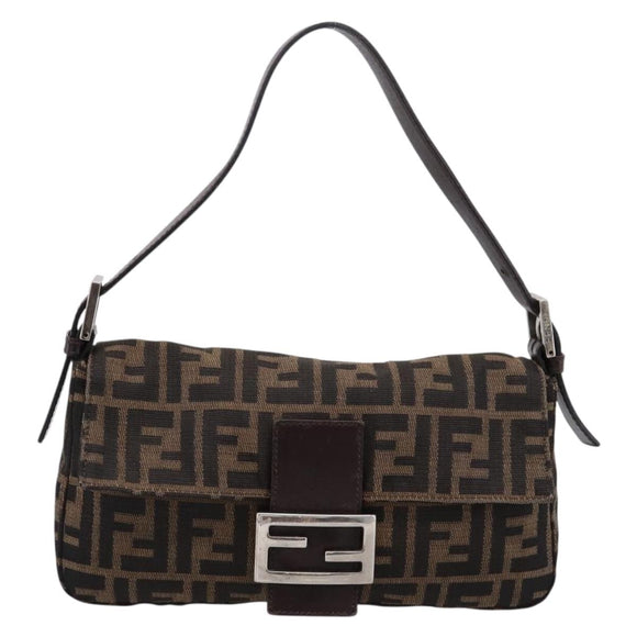 FENDI Zucca Canvas Mamma Baguette Shoulder Bag Black Brown Auth 203887V