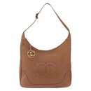 CHANEL Shoulder Bag Caviar Skin Brown Gold CC Auth 203890-13