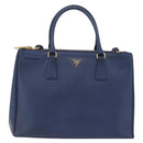 PRADA Galleria Hand Bag Saffiano 2way Blue Gold Auth 203895A-2