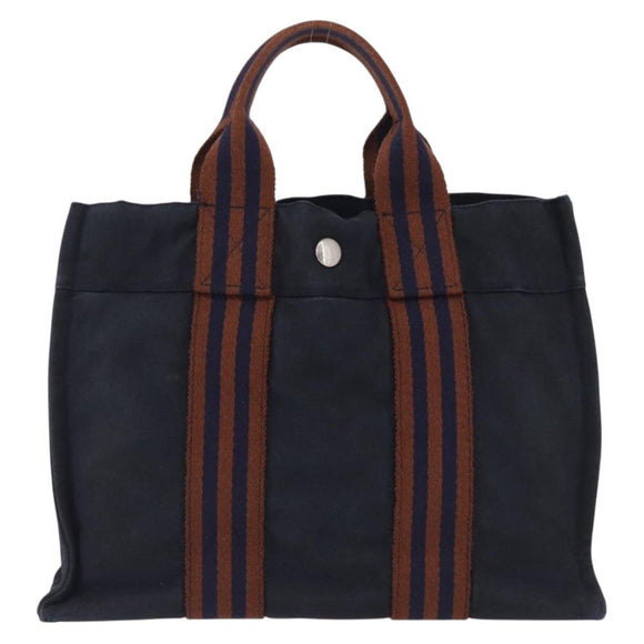 HERMES New Fourre Tout PM Hand Bag Canvas Navy Silver Auth 204058