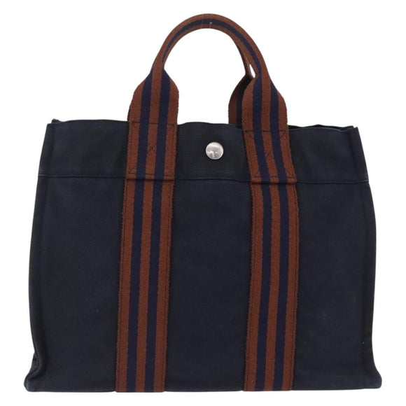 HERMES New Fourre Tout PM Hand Bag Canvas Navy Silver Auth 204058