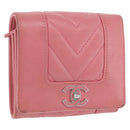 CHANEL V Stitch COCO Mark Bifold Wallet Lamb Skin Pink Silver CC Auth 204061A-1