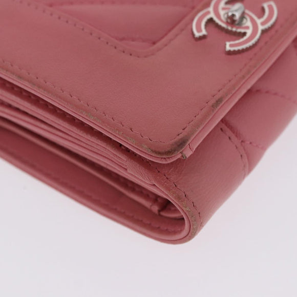 CHANEL V Stitch COCO Mark Bifold Wallet Lamb Skin Pink Silver CC Auth 204061A
