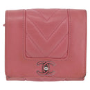 CHANEL V Stitch COCO Mark Bifold Wallet Lamb Skin Pink Silver CC Auth 204061A-2