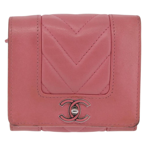 CHANEL V Stitch COCO Mark Bifold Wallet Lamb Skin Pink Silver CC Auth 204061A