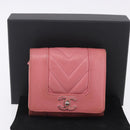 CHANEL V Stitch COCO Mark Bifold Wallet Lamb Skin Pink Silver CC Auth 204061A-29