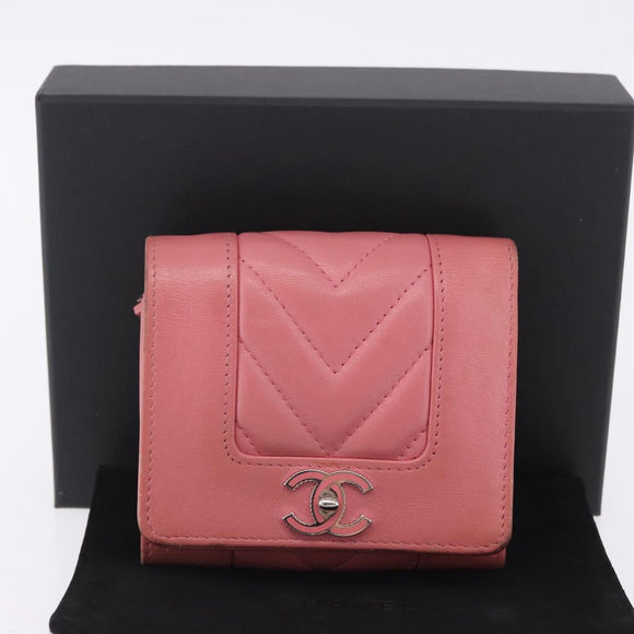CHANEL V Stitch COCO Mark Bifold Wallet Lamb Skin Pink Silver CC Auth 204061A