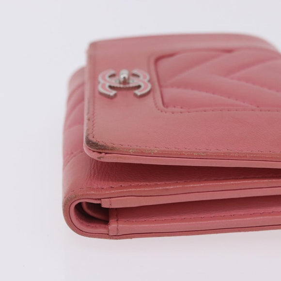 CHANEL V Stitch COCO Mark Bifold Wallet Lamb Skin Pink Silver CC Auth 204061A