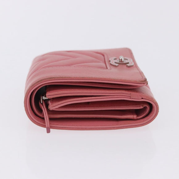 CHANEL V Stitch COCO Mark Bifold Wallet Lamb Skin Pink Silver CC Auth 204061A
