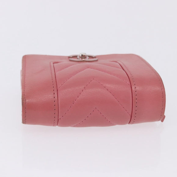 CHANEL V Stitch COCO Mark Bifold Wallet Lamb Skin Pink Silver CC Auth 204061A
