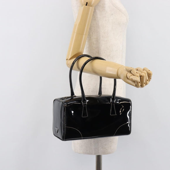 PRADA Hand Bag Patent leather Black Silver Auth 204066A