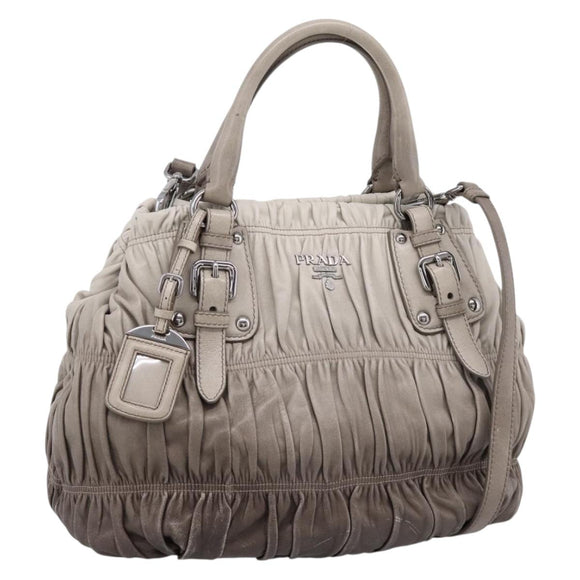 PRADA Gathered Hand Bag Leather 2way Gray Silver Auth 204095V