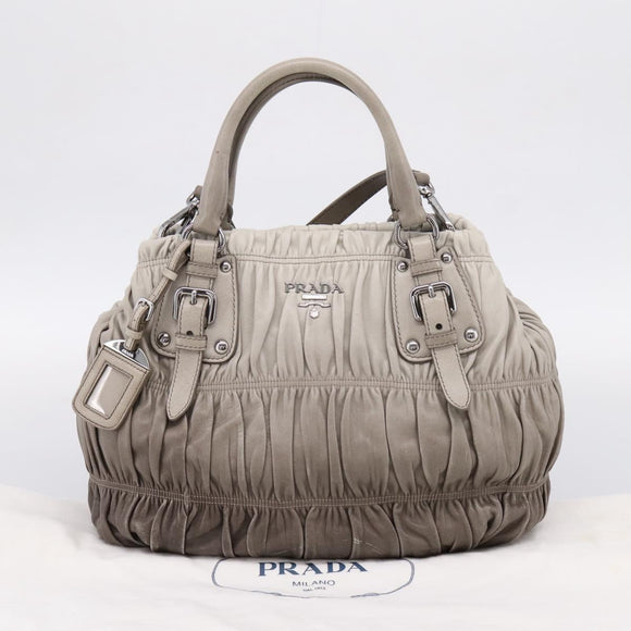 PRADA Gathered Hand Bag Leather 2way Gray Silver Auth 204095V