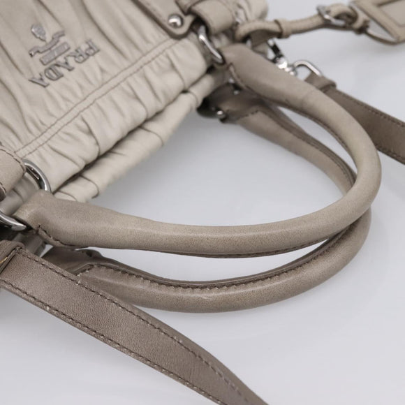 PRADA Gathered Hand Bag Leather 2way Gray Silver Auth 204095V