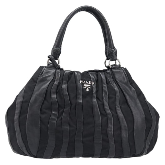 PRADA Crimson Hand Bag Leather Black Silver Auth 204098V
