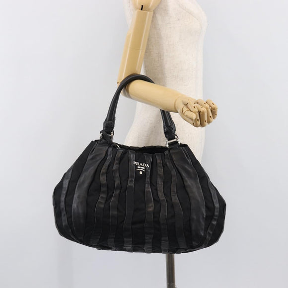 PRADA Crimson Hand Bag Leather Black Silver Auth 204098V