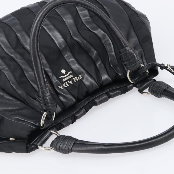 PRADA Crimson Hand Bag Leather Black Silver Auth 204098V