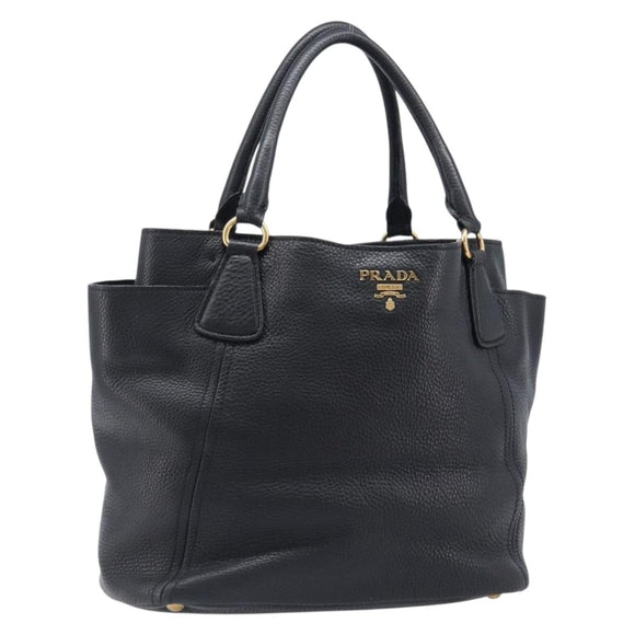 PRADA Vitellolux Hand Bag Leather Black Gold Auth 204100V