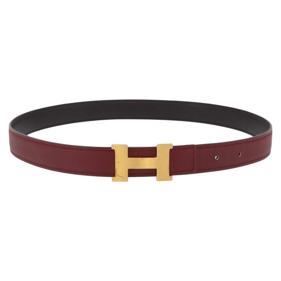 HERMES Constance H Belt Leather 33.1"" Red Gold Auth 204102