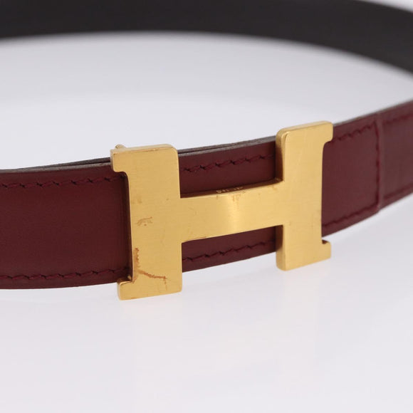 HERMES Constance H Belt Leather 33.1"" Red Gold Auth 204102