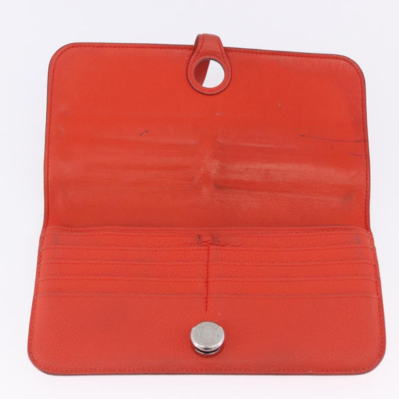HERMES Dogon Wallet Taurillon Clemence Leather Orange Silver Auth 204105