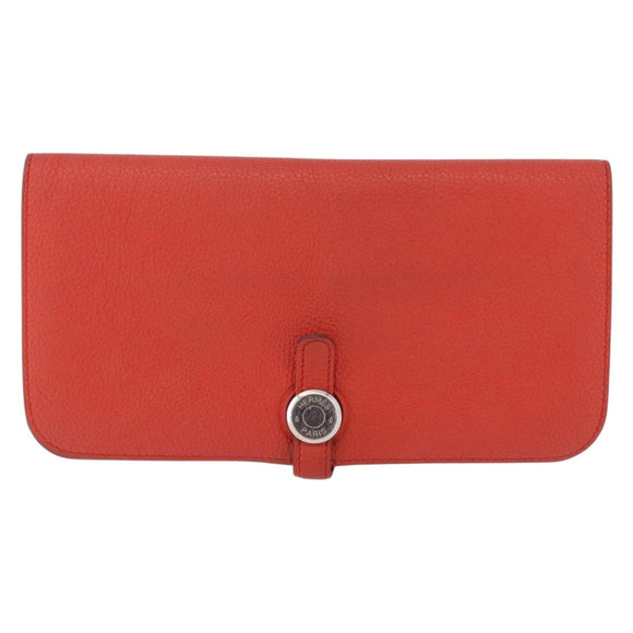 HERMES Dogon Wallet Taurillon Clemence Leather Orange Silver Auth 204105