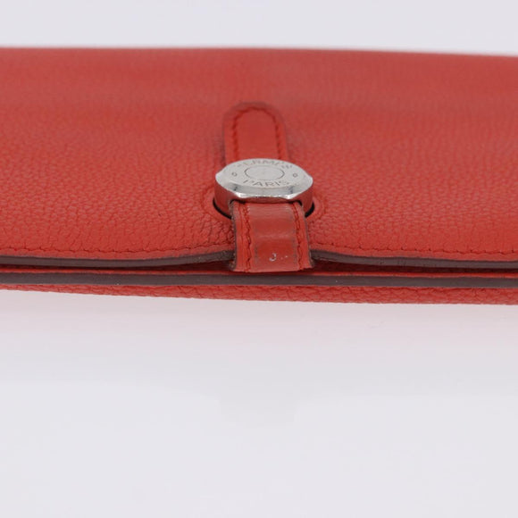 HERMES Dogon Wallet Taurillon Clemence Leather Orange Silver Auth 204105