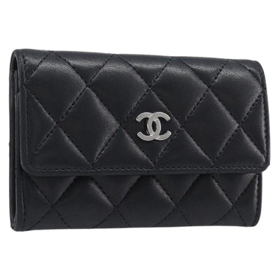 CHANEL Matelasse Card Case Lamb Skin Black Silver CC Auth 204109V