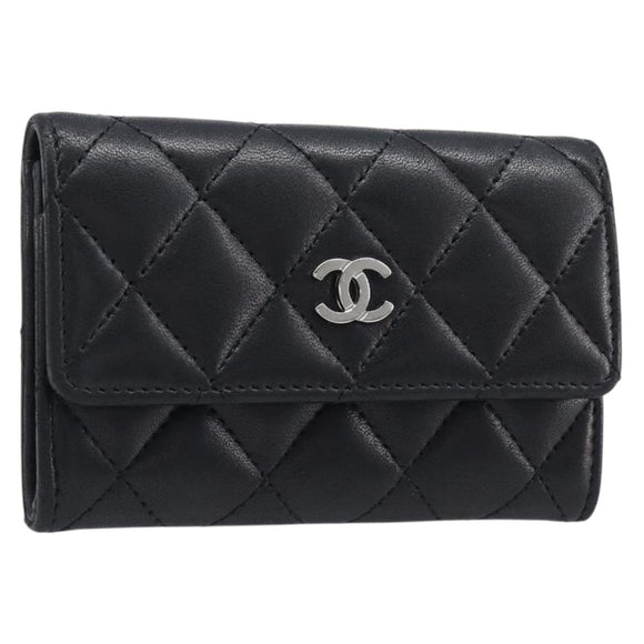 CHANEL Matelasse Card Case Lamb Skin Black Silver CC Auth 204109V