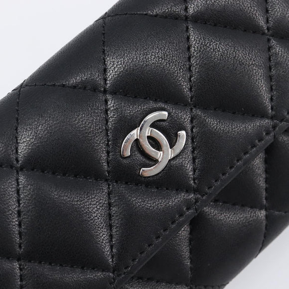 CHANEL Matelasse Card Case Lamb Skin Black Silver CC Auth 204109V