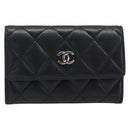 CHANEL Matelasse Card Case Lamb Skin Black Silver CC Auth 204109V-13
