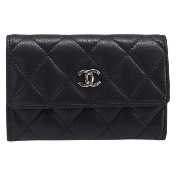 CHANEL Matelasse Card Case Lamb Skin Black Silver CC Auth 204109V