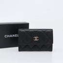 CHANEL Matelasse Card Case Lamb Skin Black Silver CC Auth 204109V-12