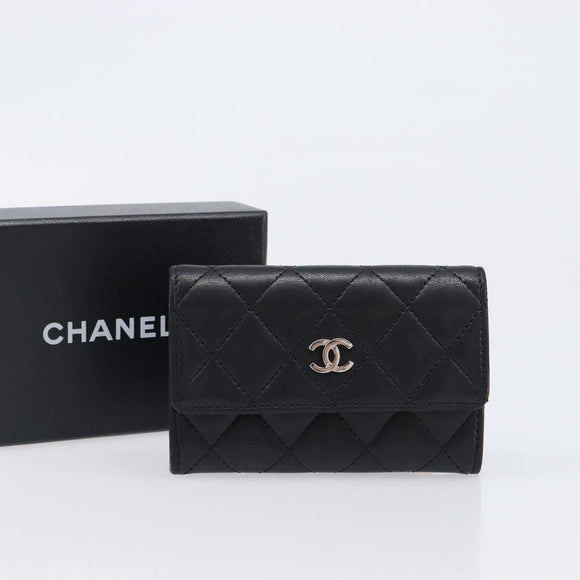 CHANEL Matelasse Card Case Lamb Skin Black Silver CC Auth 204109V