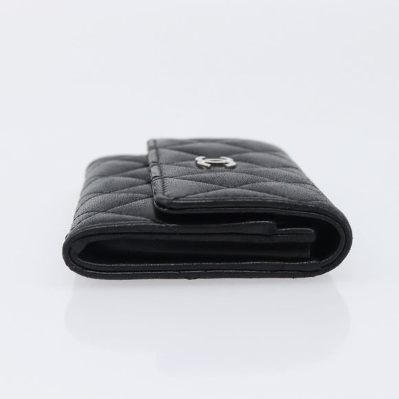 CHANEL Matelasse Card Case Lamb Skin Black Silver CC Auth 204109V