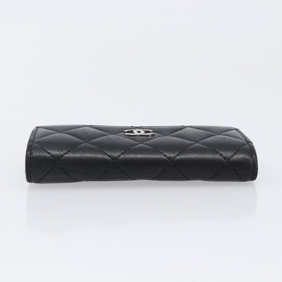CHANEL Matelasse Card Case Lamb Skin Black Silver CC Auth 204109V