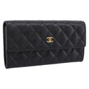CHANEL Matelasse Long Wallet Caviar Skin Black Gold CC Auth 204114M-1