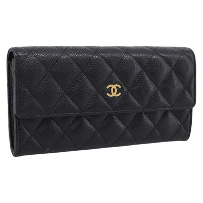 CHANEL Matelasse Long Wallet Caviar Skin Black Gold CC Auth 204114M