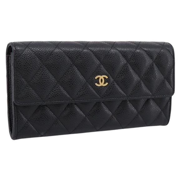 CHANEL Matelasse Long Wallet Caviar Skin Black Gold CC Auth 204114M