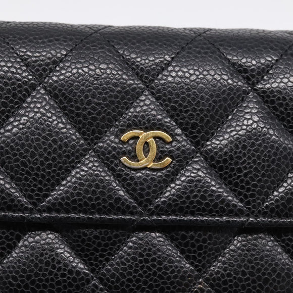 CHANEL Matelasse Long Wallet Caviar Skin Black Gold CC Auth 204114M