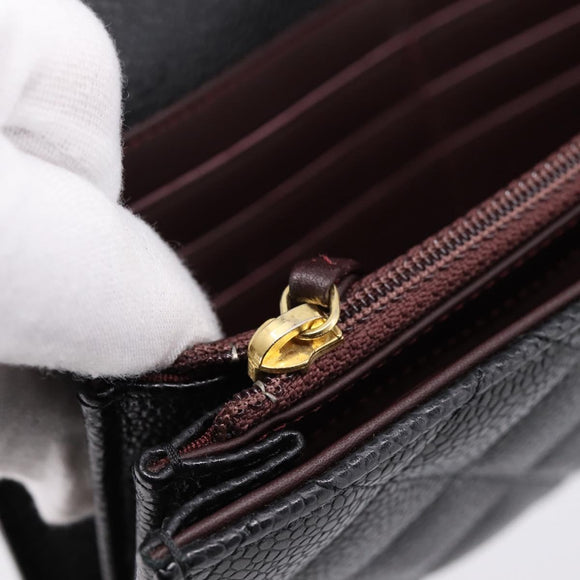 CHANEL Matelasse Long Wallet Caviar Skin Black Gold CC Auth 204114M