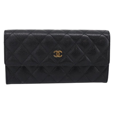 CHANEL Matelasse Long Wallet Caviar Skin Black Gold CC Auth 204114M - 0