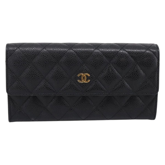 CHANEL Matelasse Long Wallet Caviar Skin Black Gold CC Auth 204114M