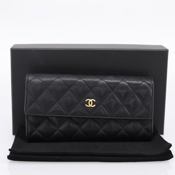 CHANEL Matelasse Long Wallet Caviar Skin Black Gold CC Auth 204114M