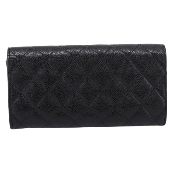CHANEL Matelasse Long Wallet Caviar Skin Black Gold CC Auth 204114M