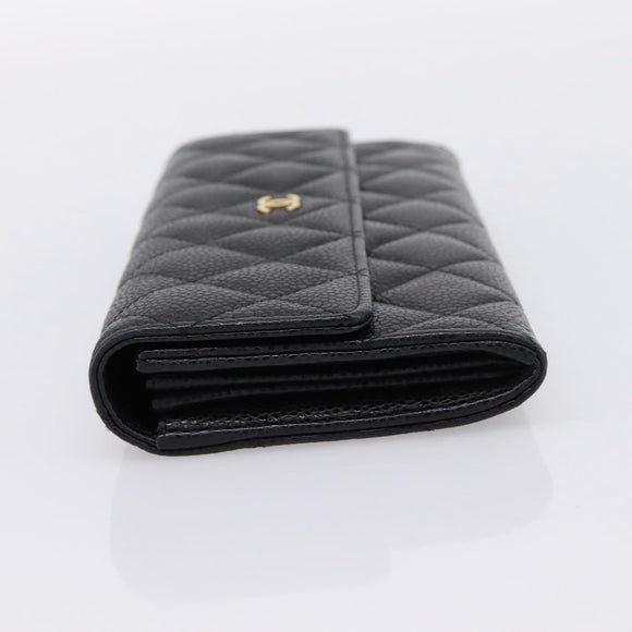 CHANEL Matelasse Long Wallet Caviar Skin Black Gold CC Auth 204114M