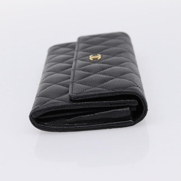 CHANEL Matelasse Long Wallet Caviar Skin Black Gold CC Auth 204114M
