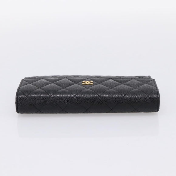 CHANEL Matelasse Long Wallet Caviar Skin Black Gold CC Auth 204114M