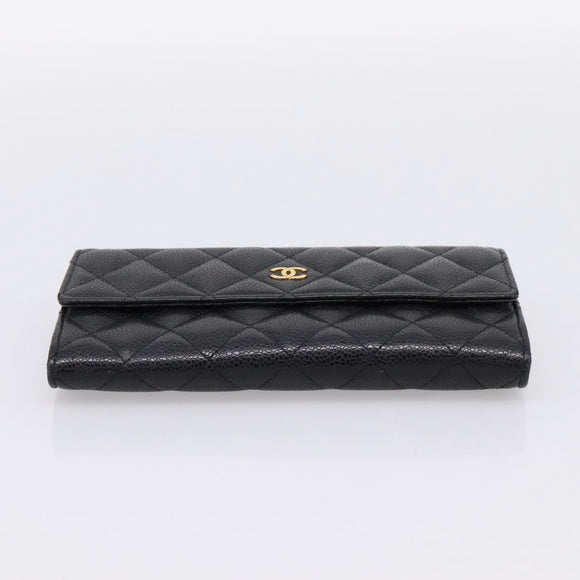 CHANEL Matelasse Long Wallet Caviar Skin Black Gold CC Auth 204114M