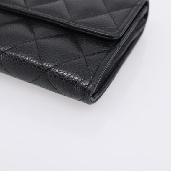 CHANEL Matelasse Long Wallet Caviar Skin Black Gold CC Auth 204114M